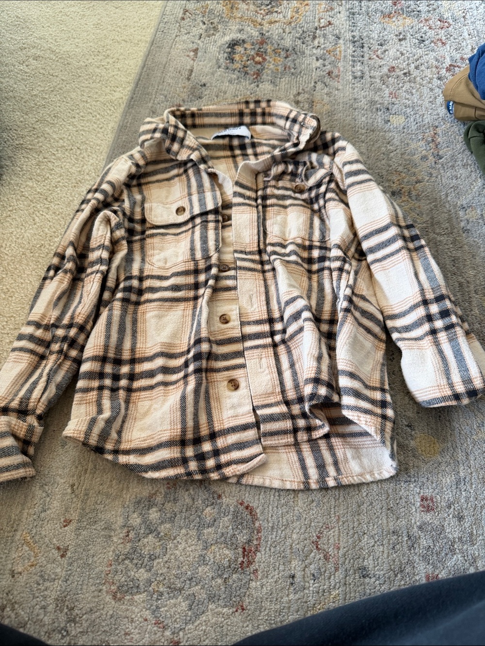 Old Navy Cream, Black & Tan Plaid Button-Down Shacket